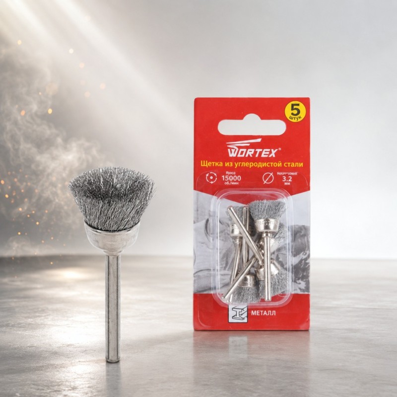 WORTEX Щетка из углеродистой стали 16 мм для бормашины, гравера, дремеля, набор 5 шт.